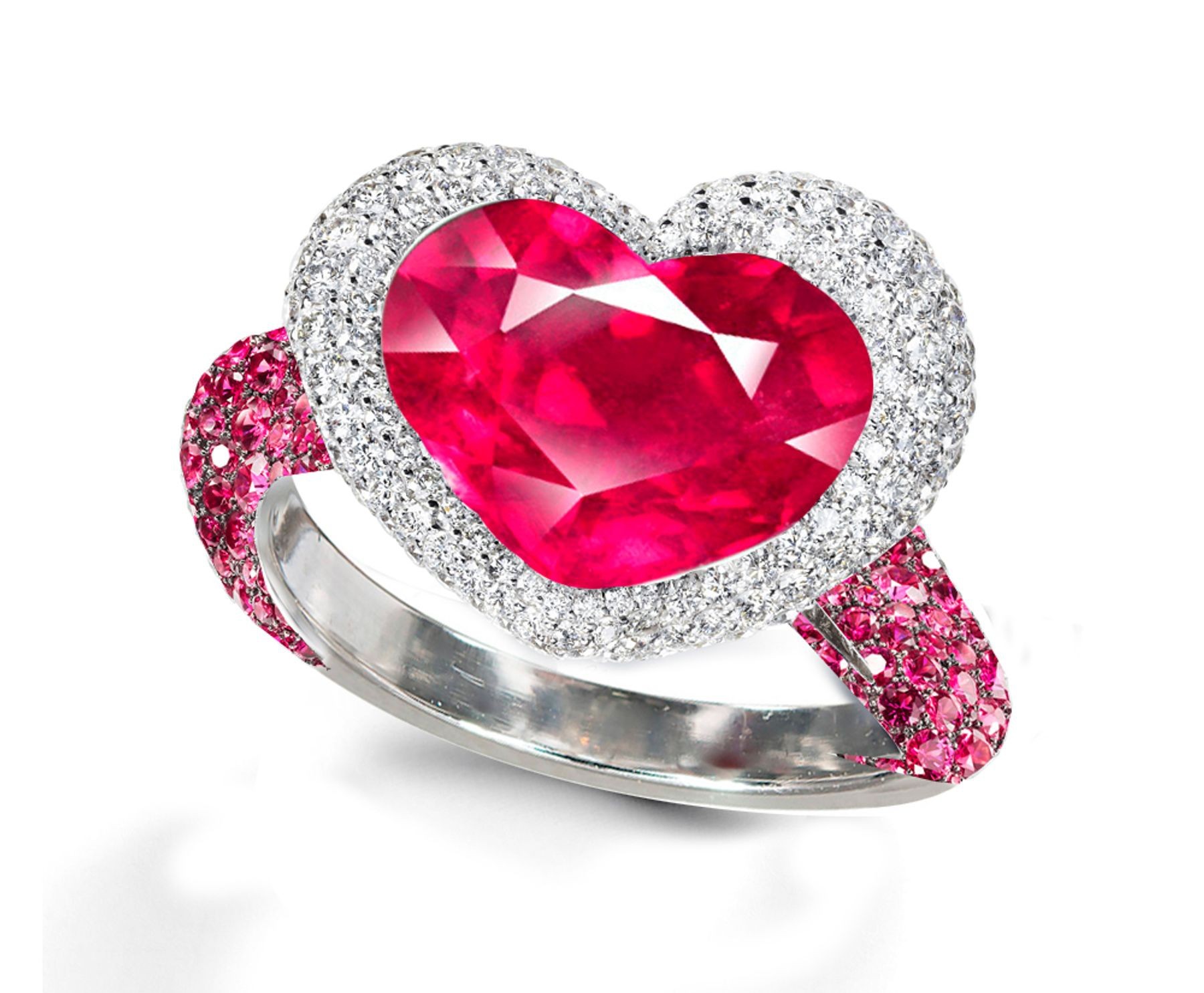 Ring with Heart Ruby & Pave Set Rubies & White Diamonds in Gold or Platinum