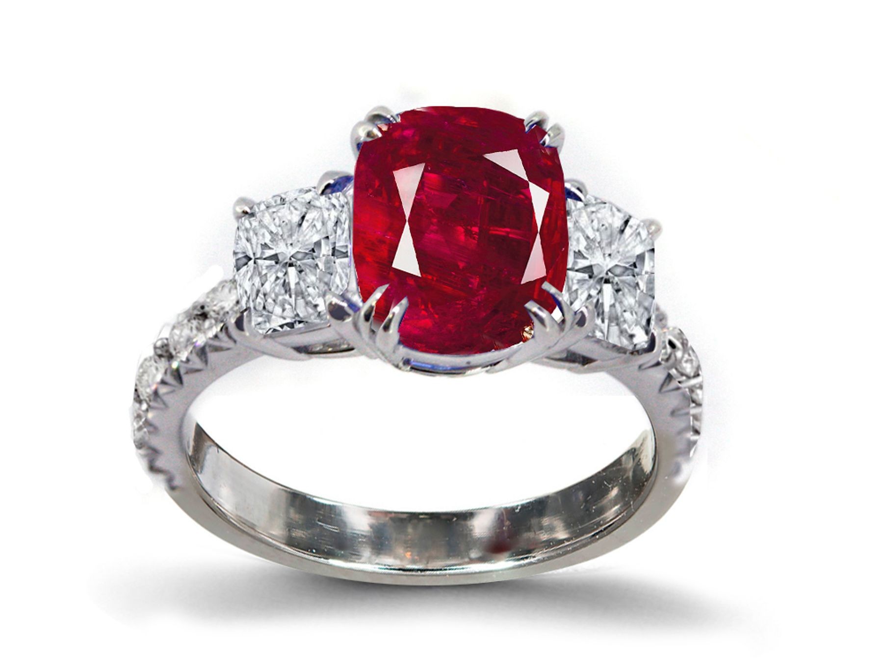Three Stone Ring with Oval Ruby & White Diamond Accents in Gold or Platinum