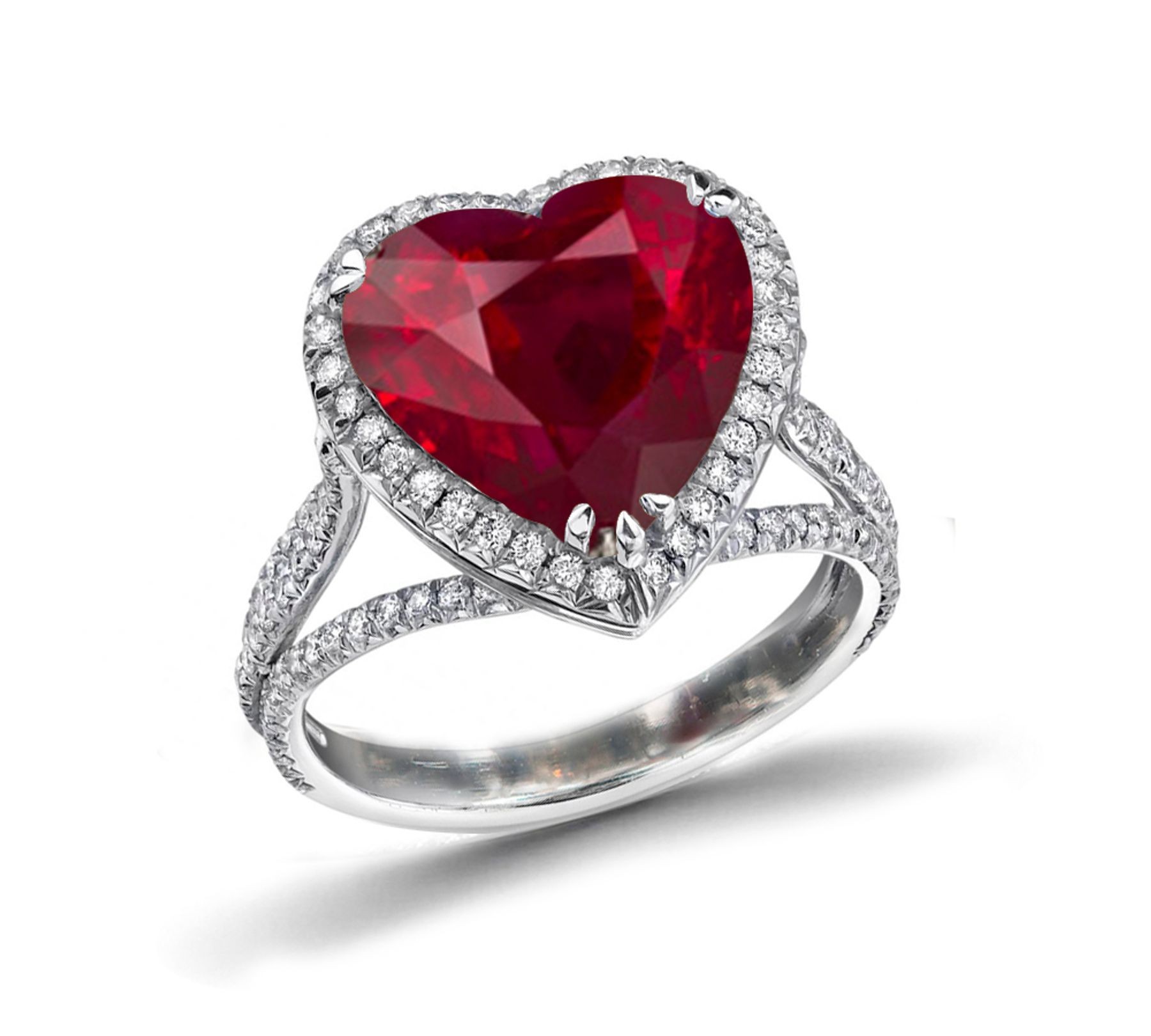 Ring with Heart Ruby & Pave Set Rubies & White Diamonds in Gold or Platinum