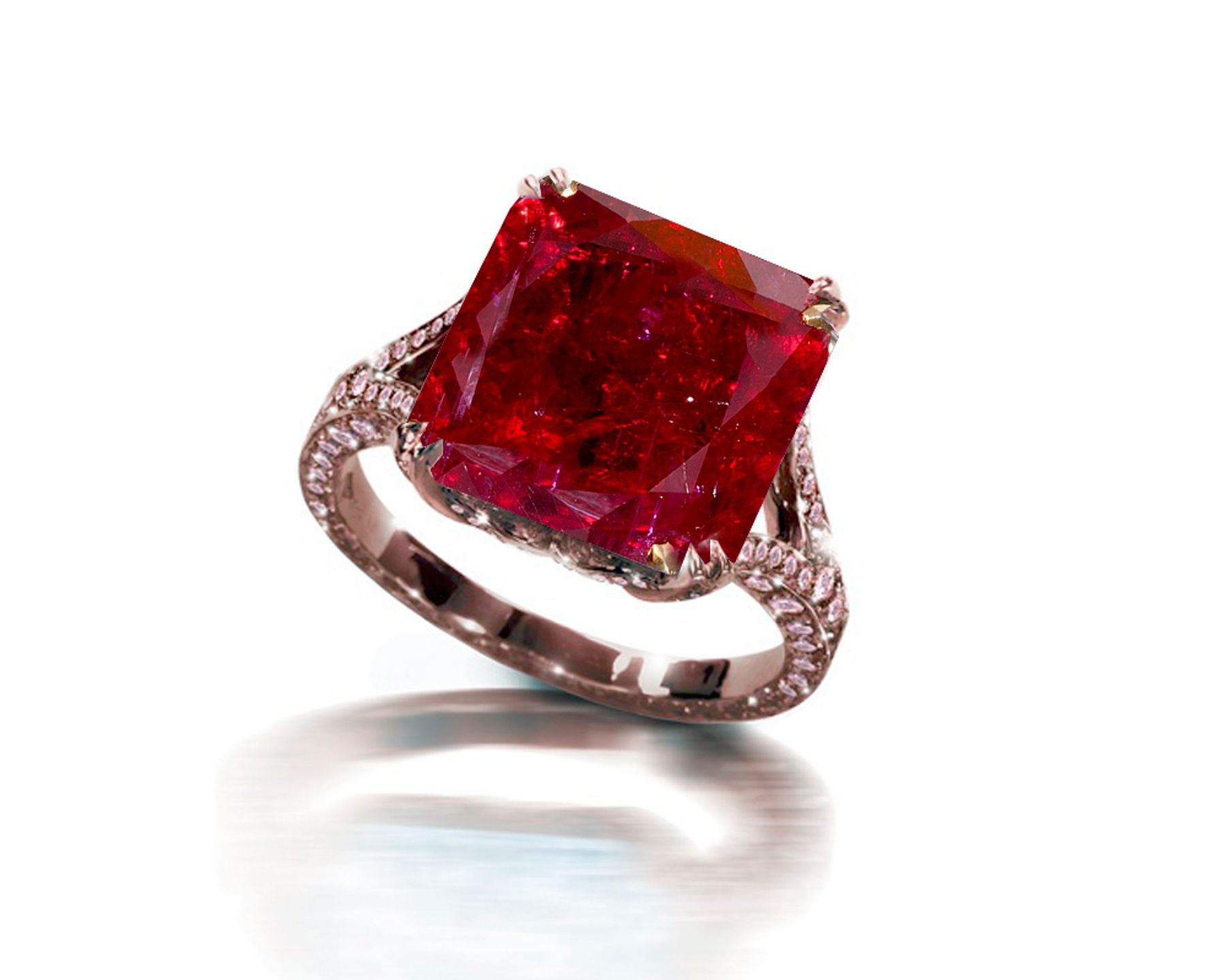 Ring with Square Ruby & Pave Set Pink Sapphires in Gold or Platinum