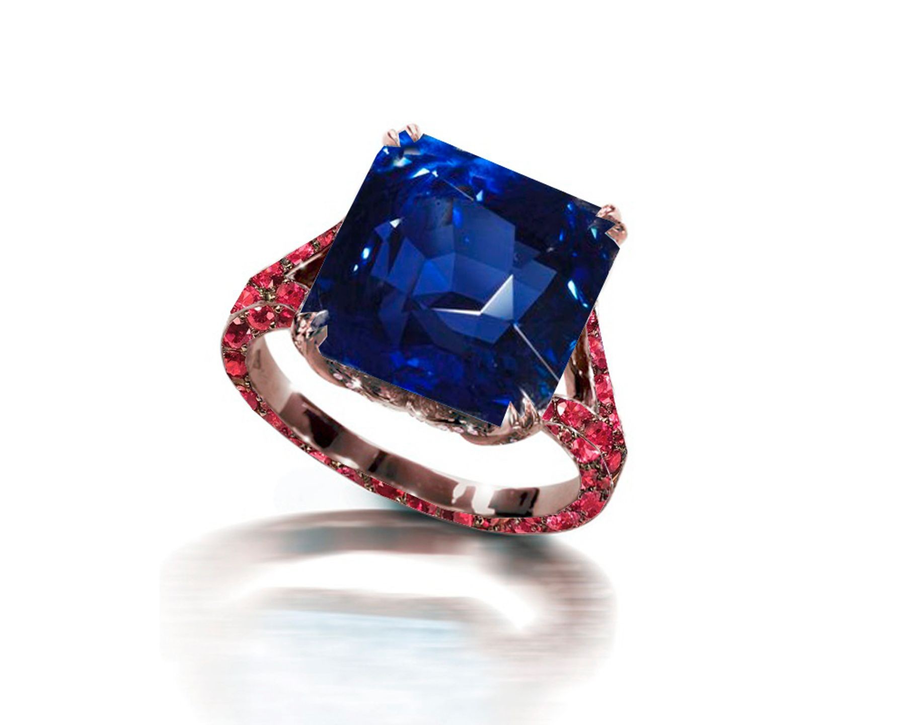 Ring with Square Blue Sapphire & Pave Set Rubies in Gold or Platinum