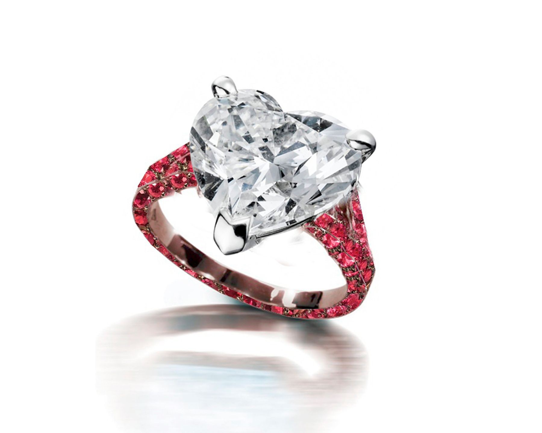 Ring with Heart Diamond & Pave Set Rubies & White Diamonds in Gold or Platinum