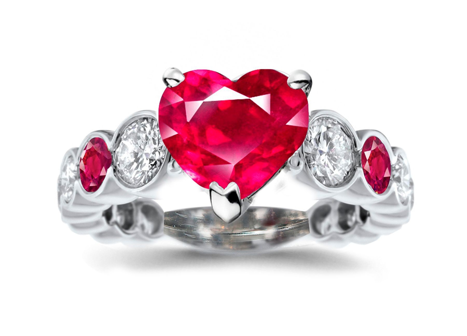 Ring with Heart Ruby & Bezel Set Rubies & White Diamonds in Gold or Platinum