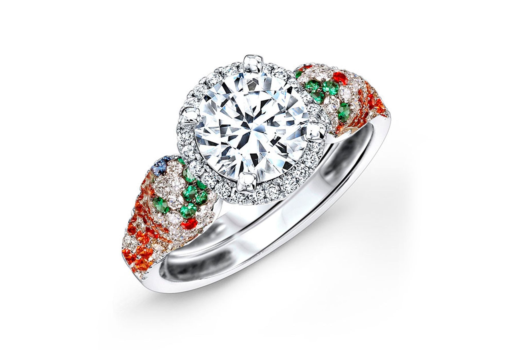 Custom Delicate French Pave Halo Diamonds & Multi-Colored Gemstone Rings