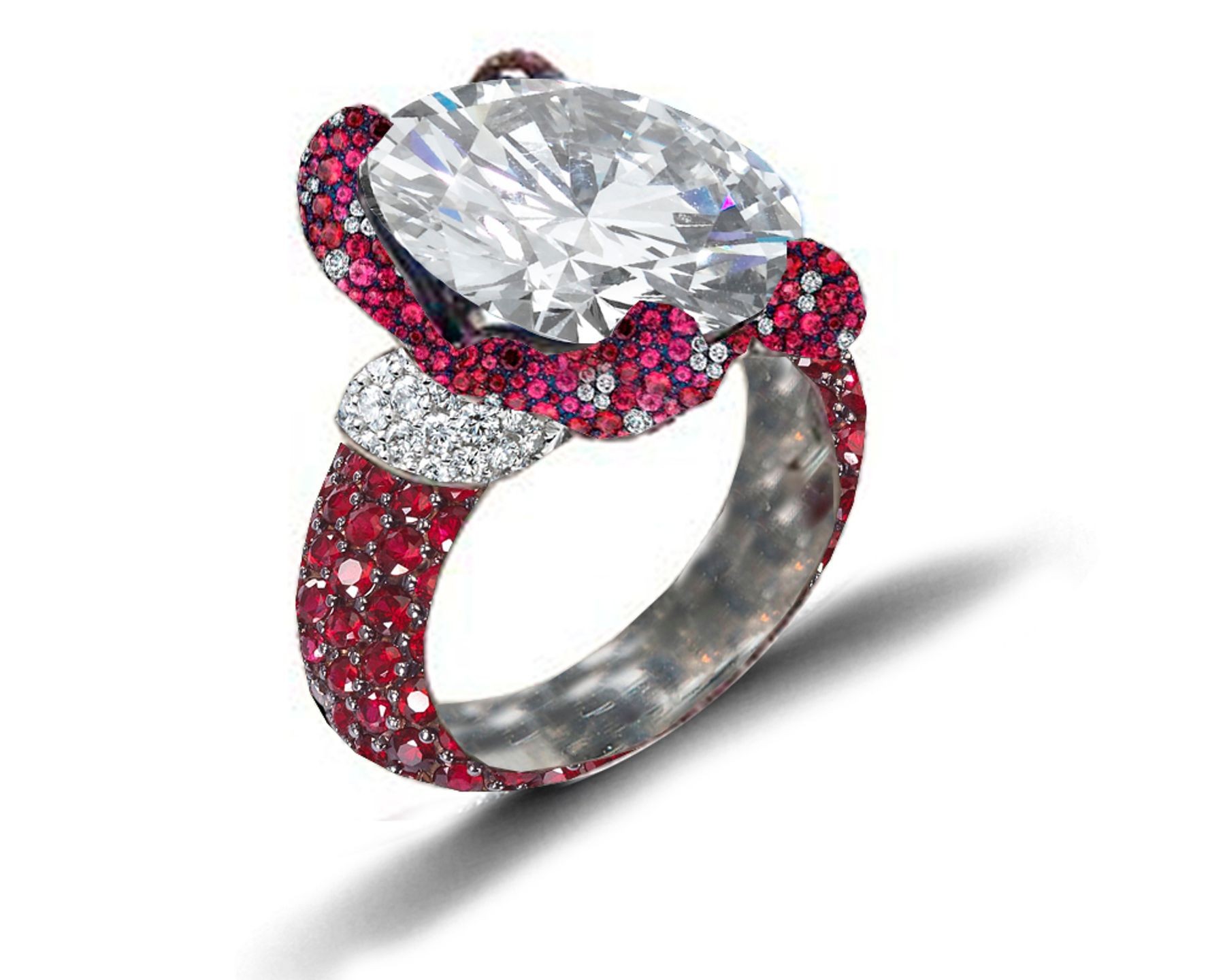 Ring with Round Diamond & Pave Set Rubies & White Diamonds in Gold or Platinum