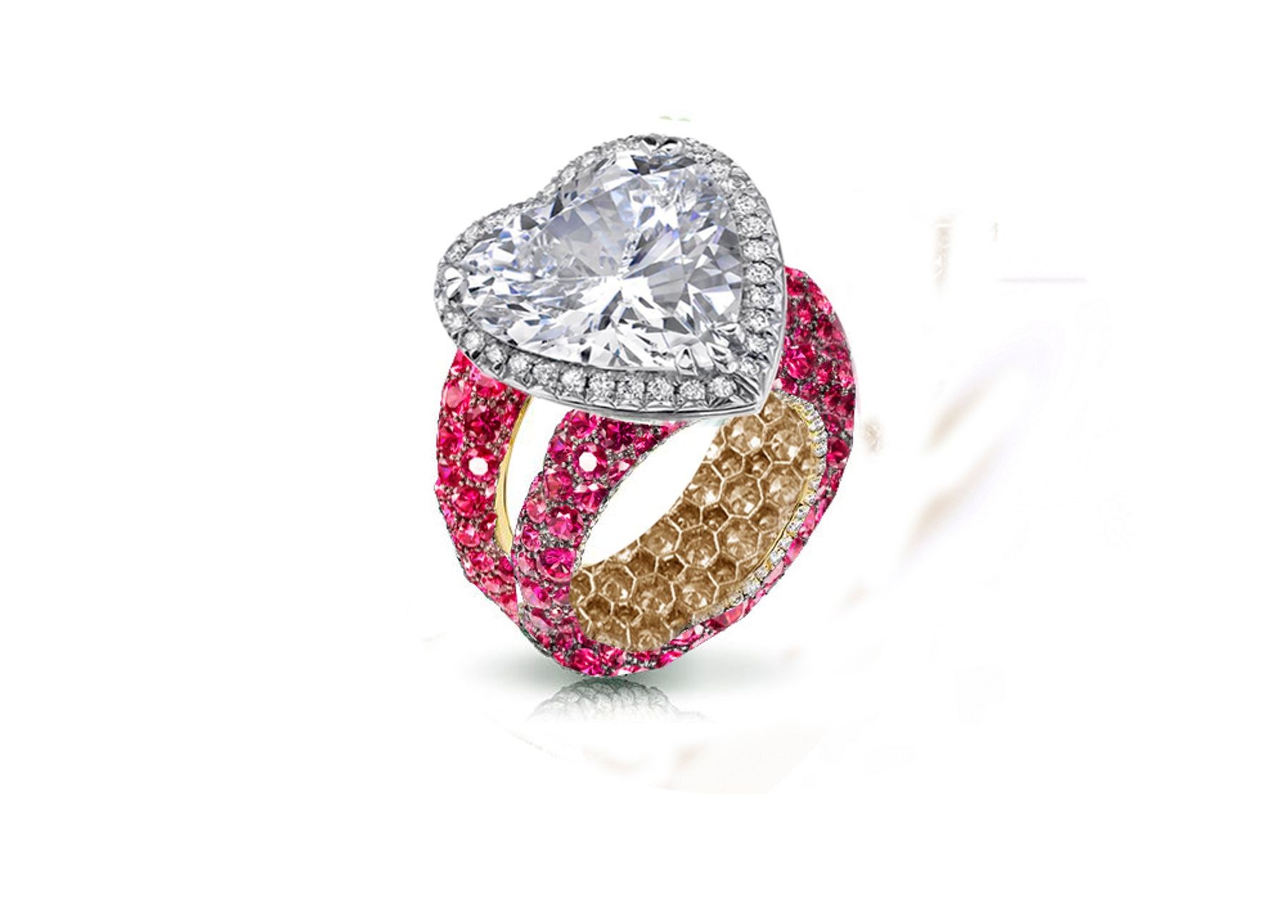 Ring with Heart Diamond & Pave Set Rubies & White Diamonds in Gold or Platinum