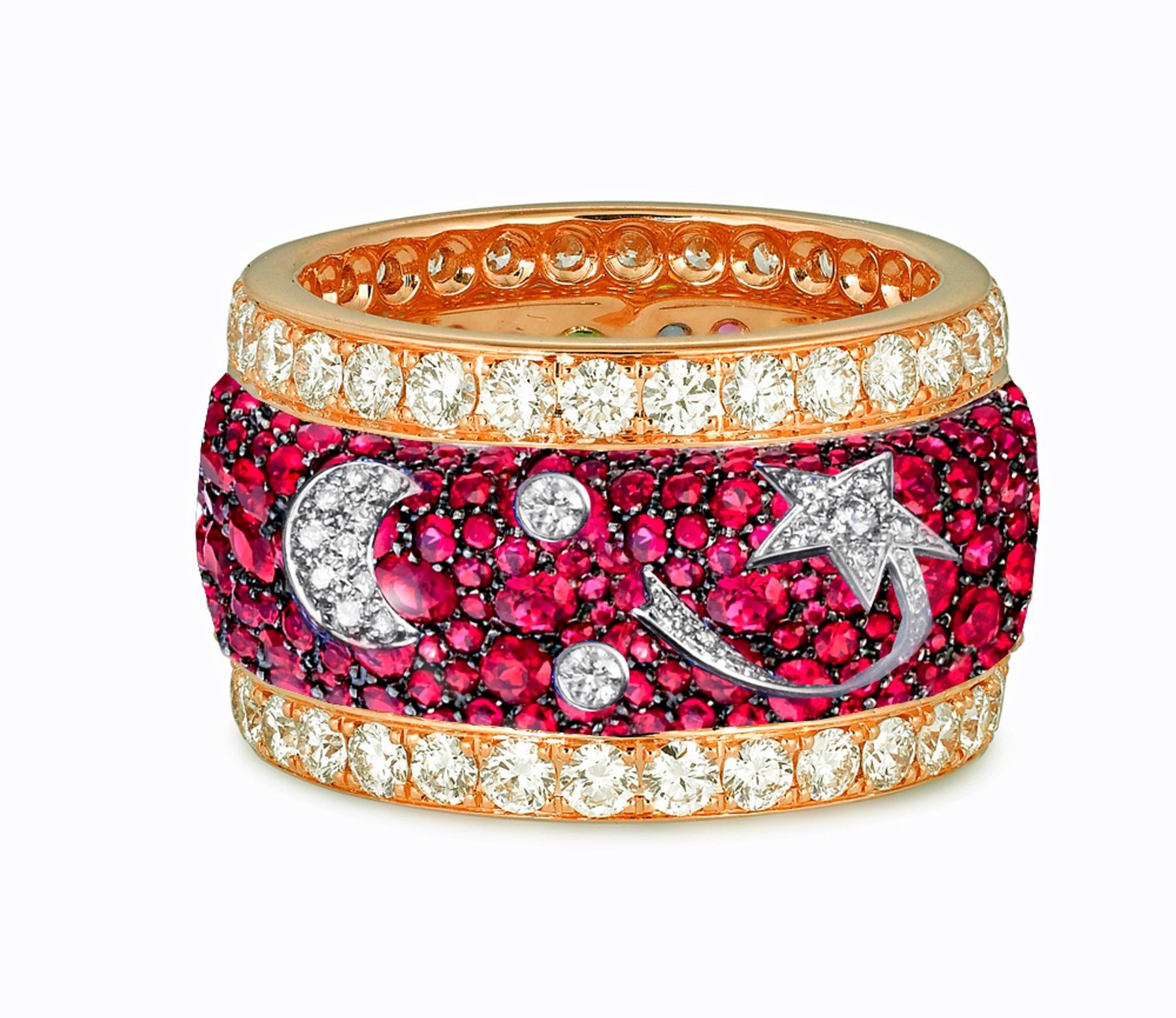 Eternity Ring with Pave Set Rubies & White Diamonds in Gold or Platinum