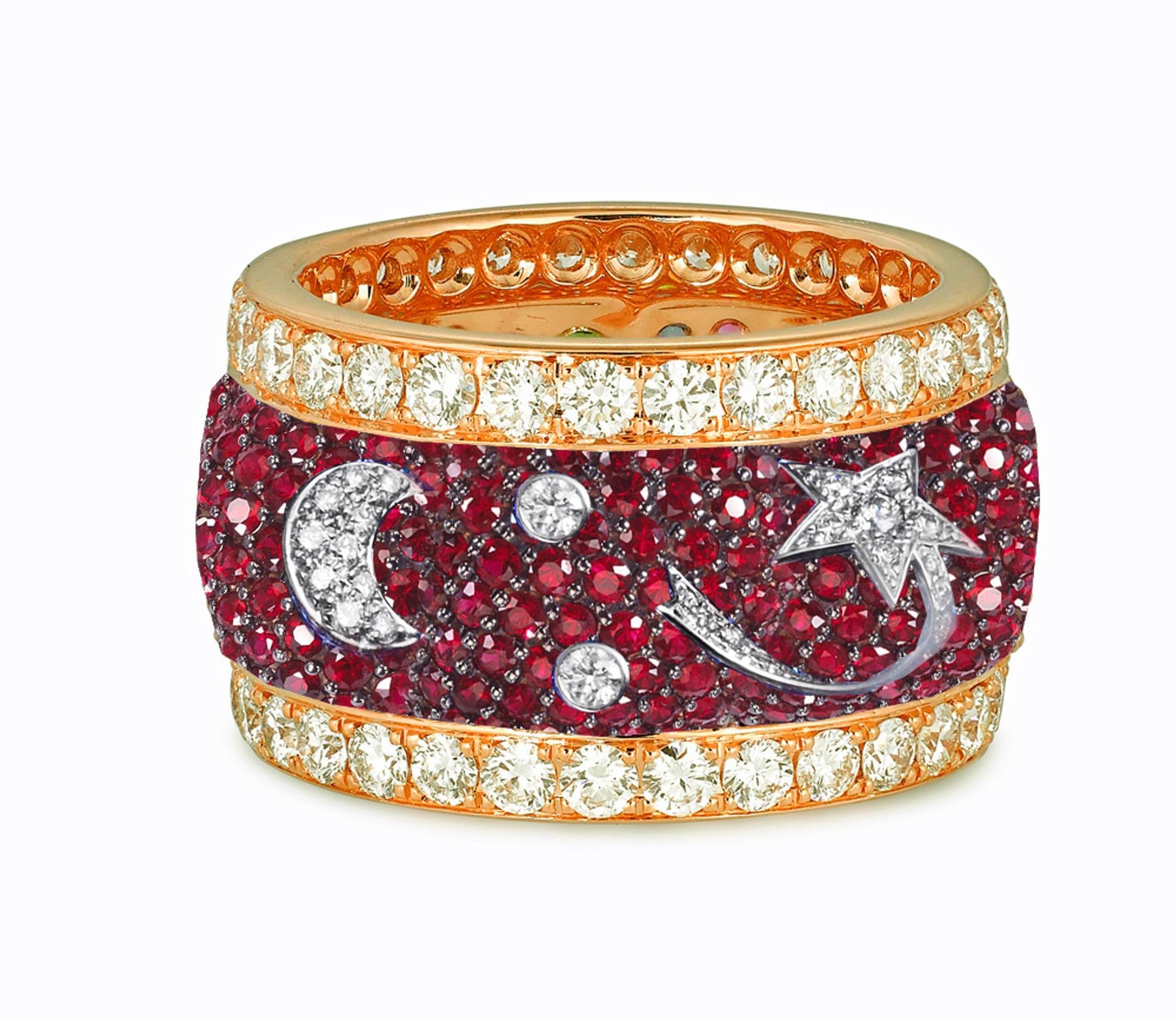 Eternity Ring with Pave Set Rubies & White Diamonds in Gold or Platinum