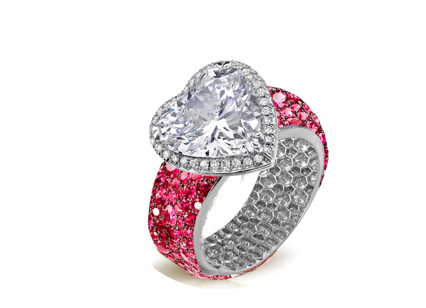 Ring with Heart Diamond & Pave Set Rubies & White Diamonds in Gold or Platinum