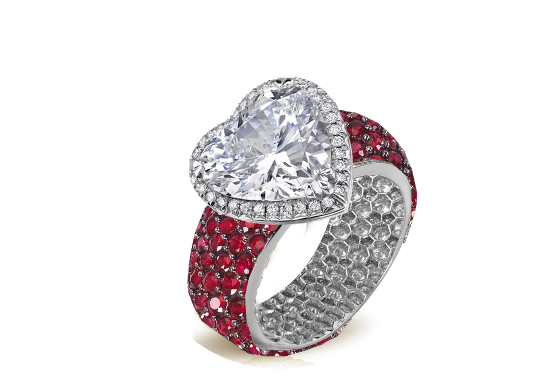 Ring with Heart Diamond & Pave Set Rubies & White Diamonds in Gold or Platinum