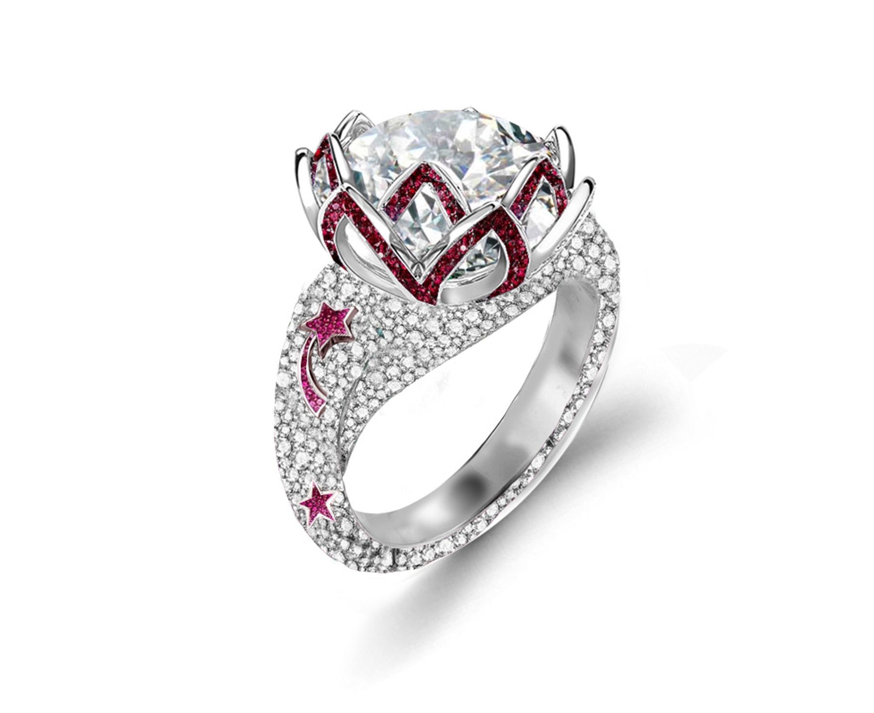 Delicate French Micro Pave Flower & Star Rings Featuring Vivid Red Rubies & Sparkling Diamonds