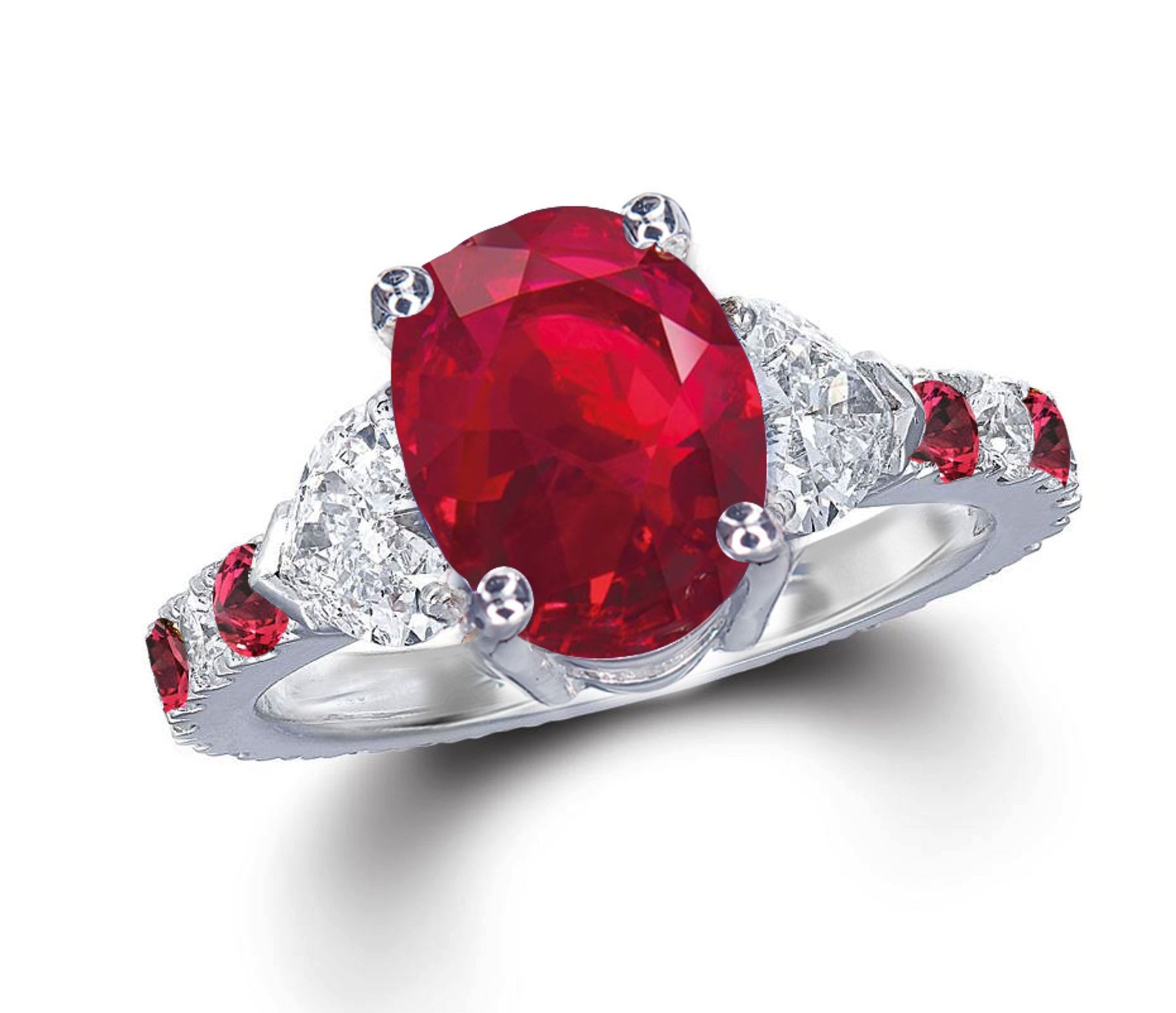 Three Stone Rings Featuring Vivid Red Ruby in Center With Sparkling Diamond Accents