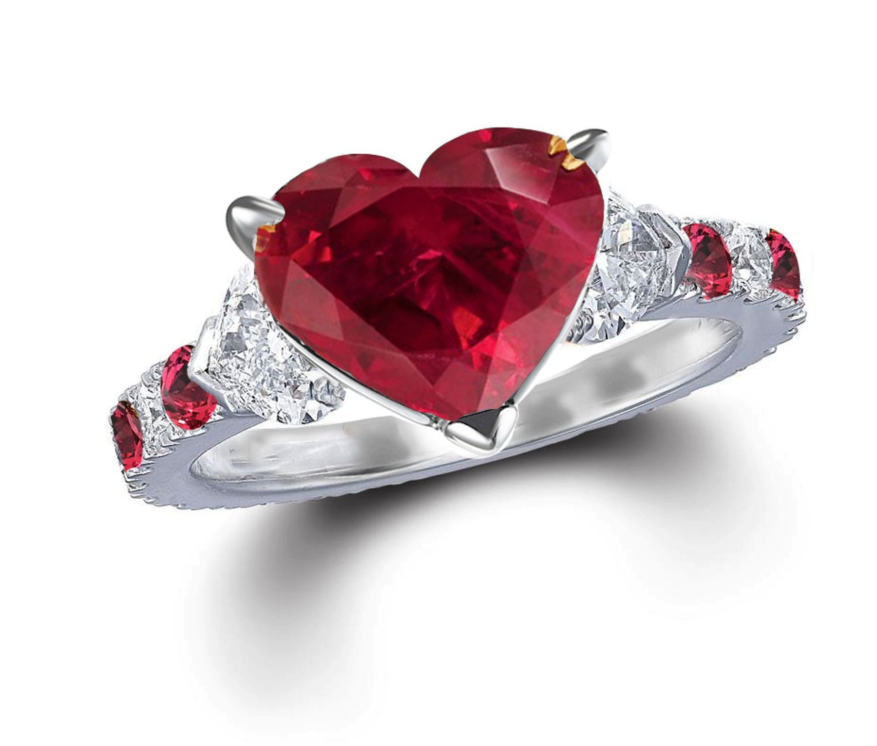 Three Stone Rings Featuring Vivid Red Ruby in Center With Sparkling Diamond Accents