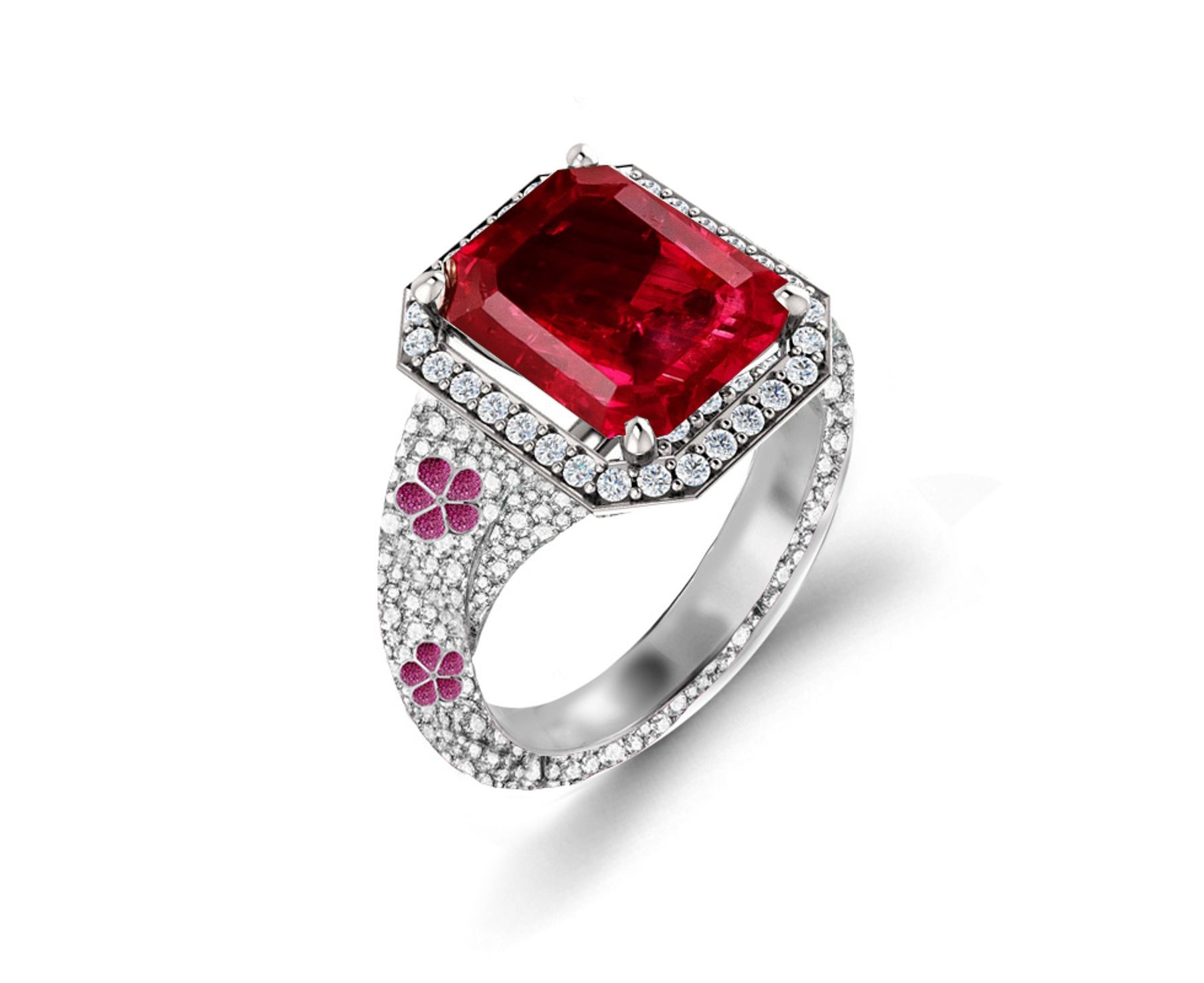 Delicate French Micro Pave Floral Rings Featuring Vivid Red Rubies & Sparkling Diamonds