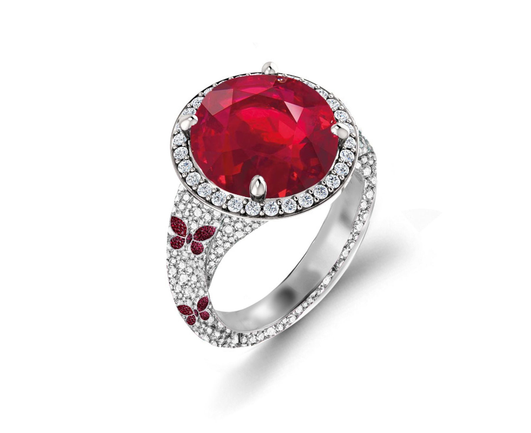 Delicate French Micro Pave Butterfly Rings Featuring Vivid Red Rubies & Sparkling Diamonds