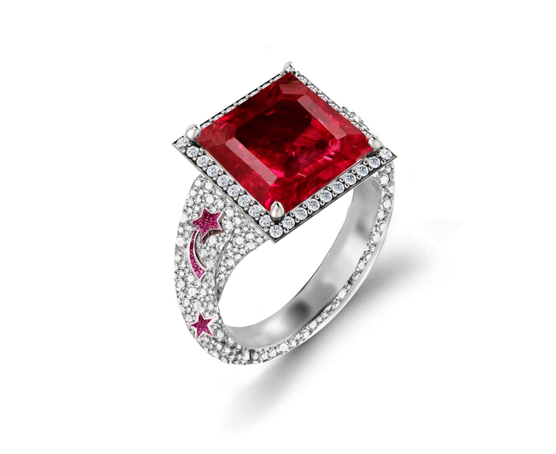 Delicate French Micro Pave Star Rings Featuring Vivid Red Rubies & Sparkling Diamonds