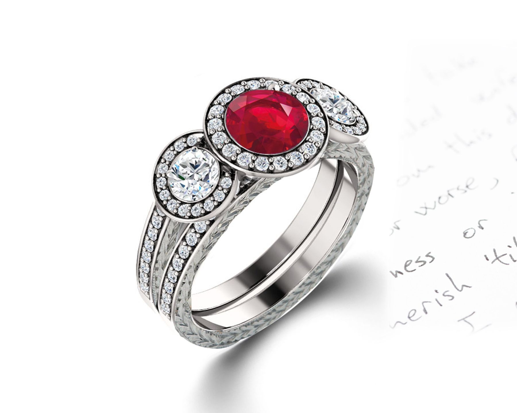 Delicate Micro Pave Halo Fiery Red Ruby and Sparkling Diamond Engagement Rings