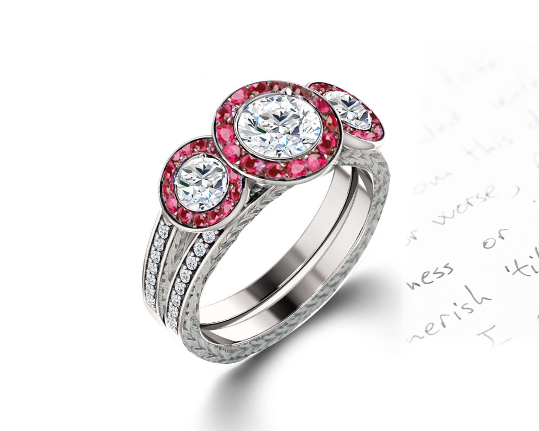 Delicate Micro Pave Halo Fiery Red Ruby and Sparkling Diamond Engagement Rings