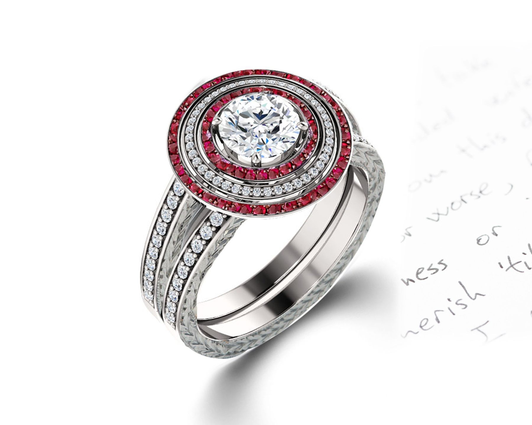 Delicate Micro Pave Halo Fiery Red Ruby and Sparkling Diamond Engagement Rings