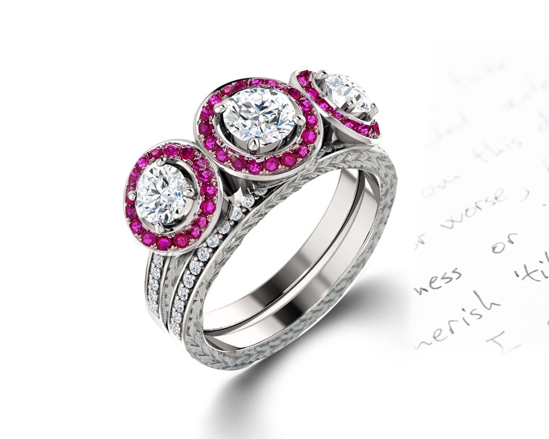 Delicate Micro Pave Halo Fiery Red Ruby and Sparkling Diamond Engagement Rings