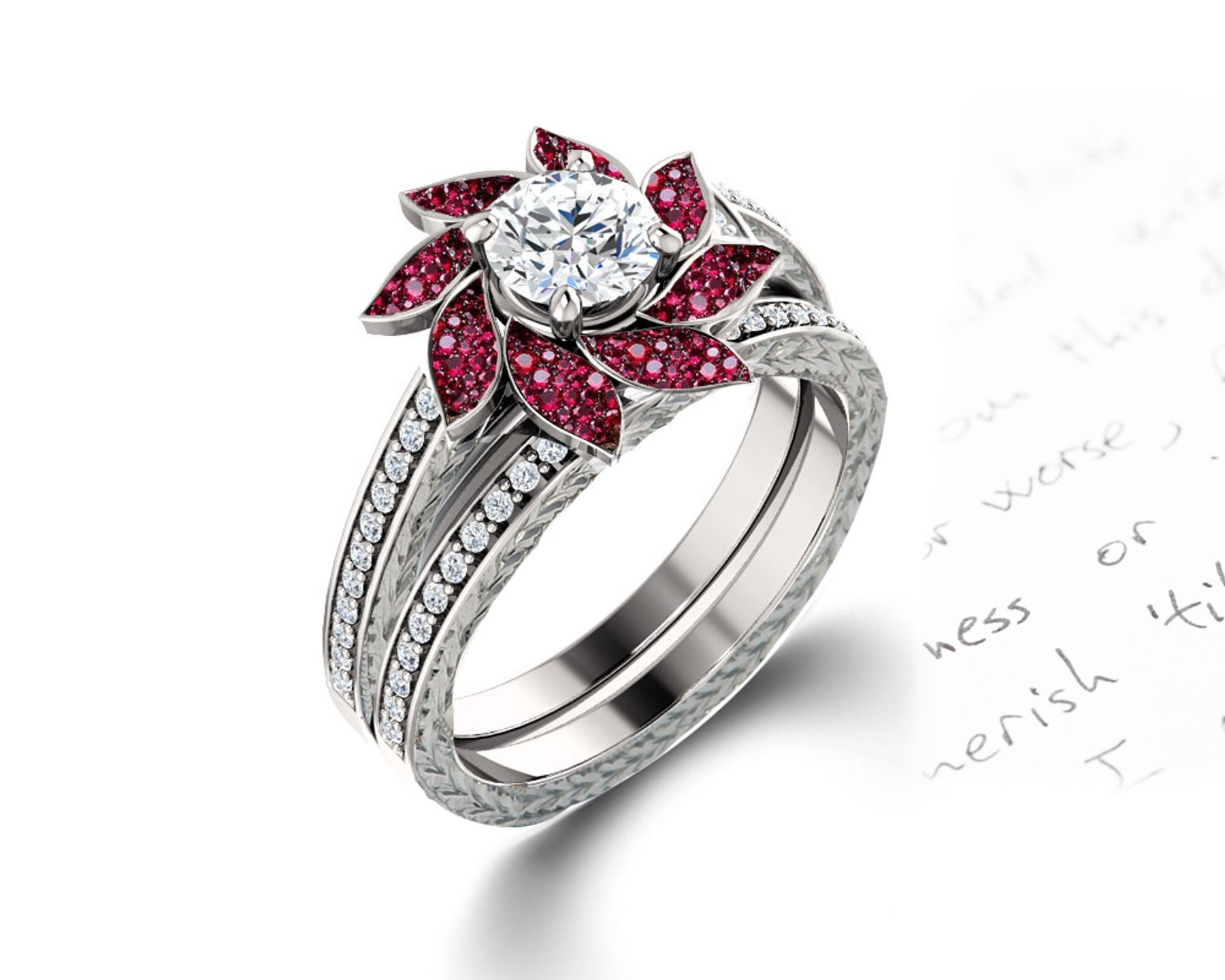 Delicate Micro Pave Halo Flower Ruby and Sparkling Diamond Engagement Rings