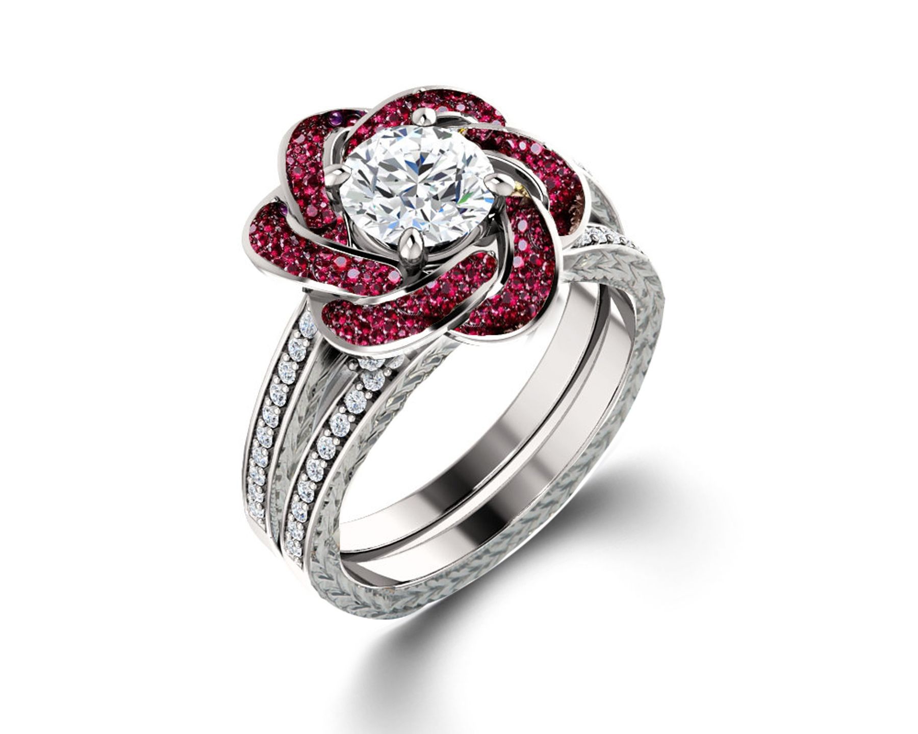 Delicate Micro Pave Halo Flower Ruby and Sparkling Diamond Engagement Rings