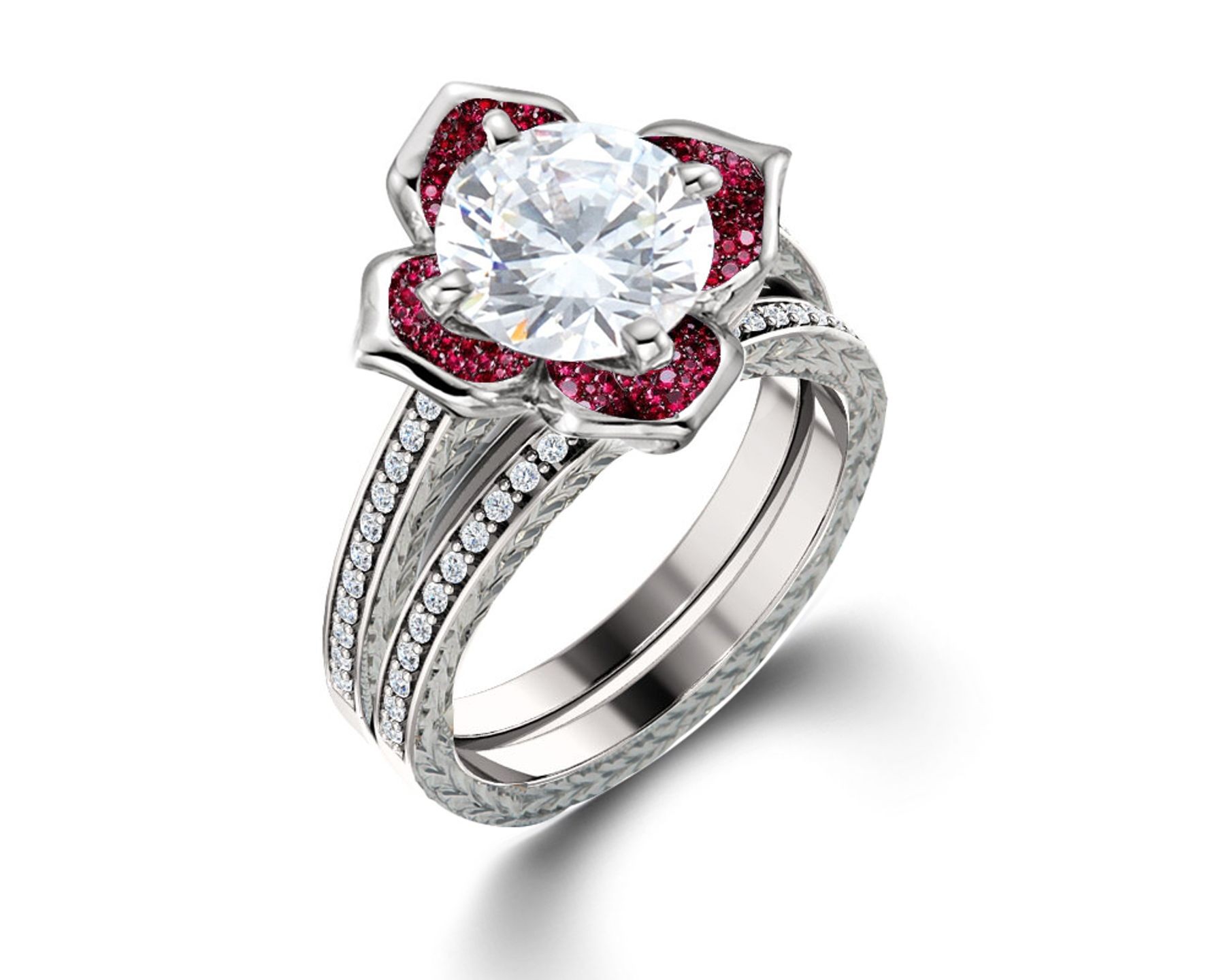 Delicate Micro Pave Halo Flower Ruby and Sparkling Diamond Engagement Rings