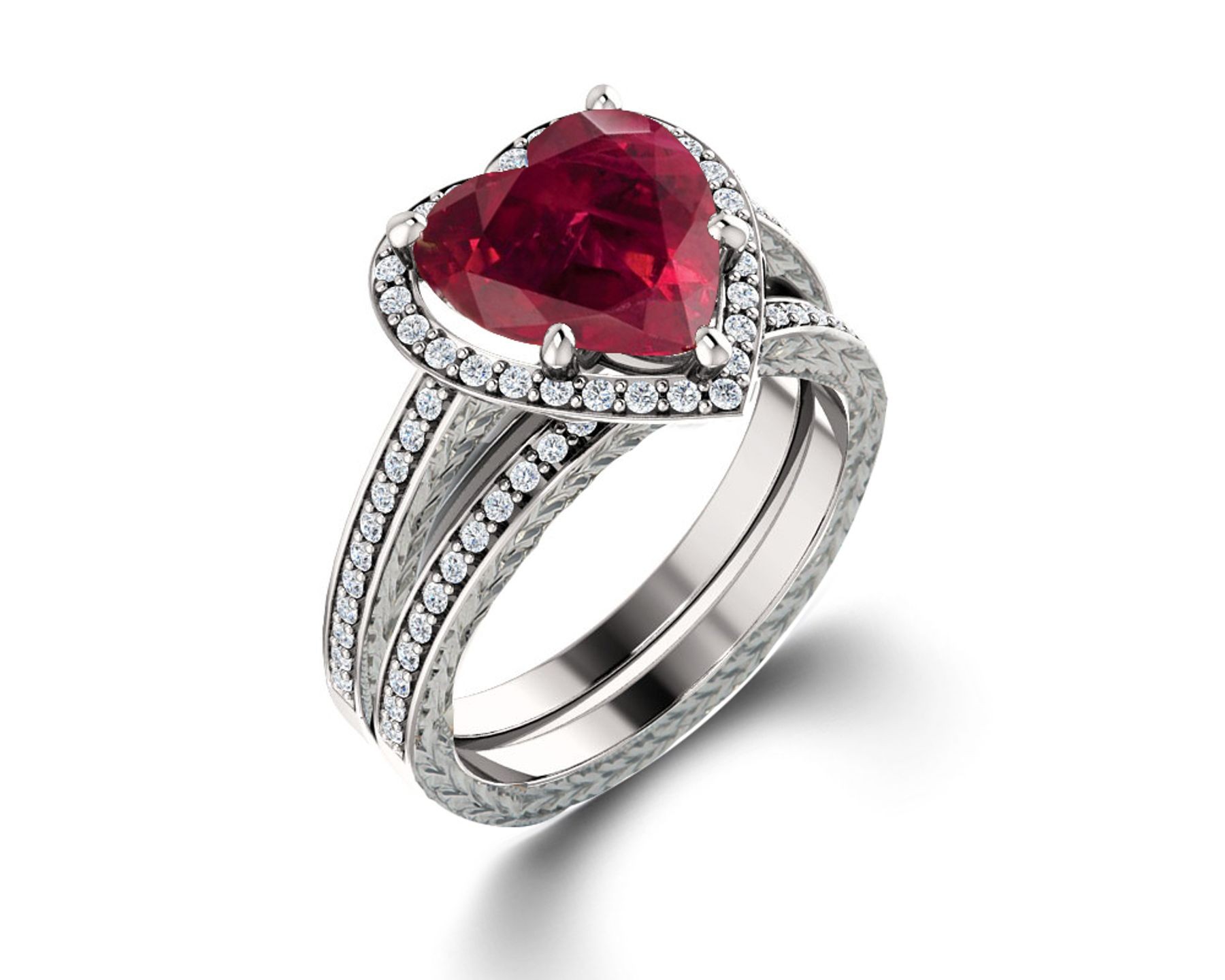 Delicate Micro Pave Halo Heart Red Ruby and Sparkling Diamond Engagement Rings