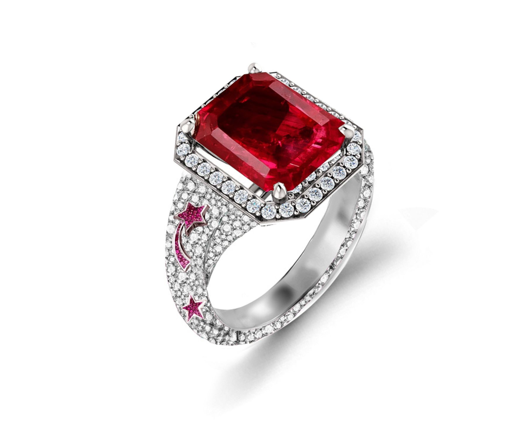 Delicate French Micro Pave Star Rings Featuring Vivid Red Rubies & Sparkling Diamonds