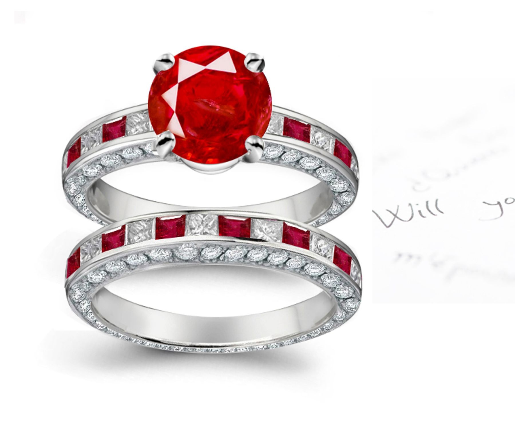 Genuine Hand-Made: Round Ruby & Princess Cut Diamond & Square Ruby Accent Ring & Band Information, Free Shiping 265 Days A Year