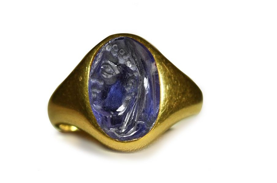 Continous Lines of Whole Blue Sapphire: Ancient Rich Blue Color & Vibrant Burma Sapphire Signet Ring Depicting A Bust with Head, Hair of Roman Emporer