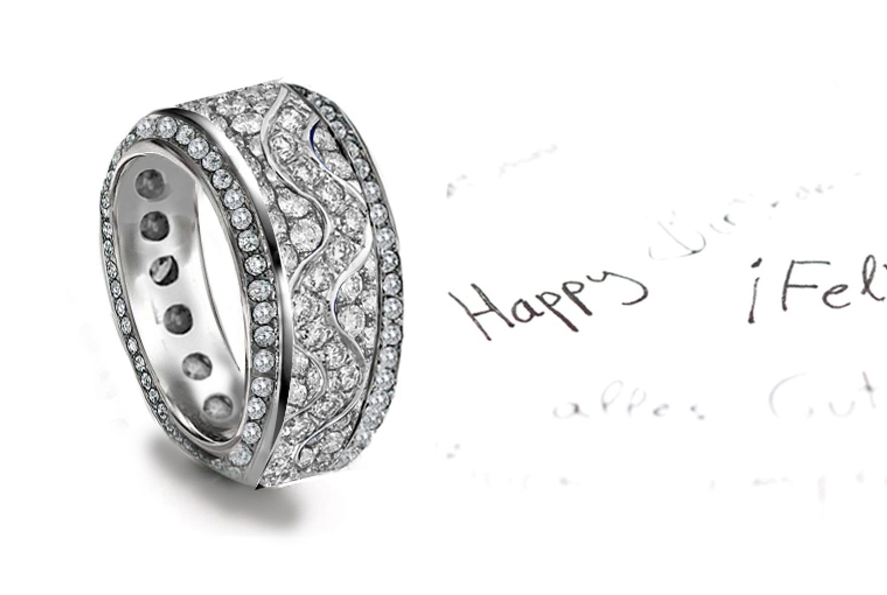 Micropave Encrusted Brilliant Cut Round Diamonds with Wavy Diamond Frame in Center in Gold