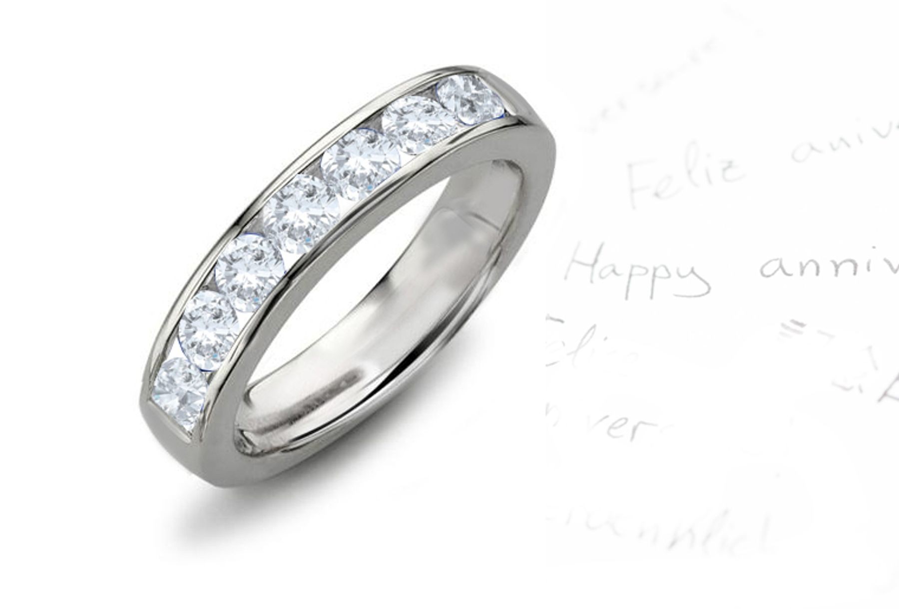 Five Diamond Rings: Platinum Seven Round Diamond Channel Set Diamond Anniversary Ring.