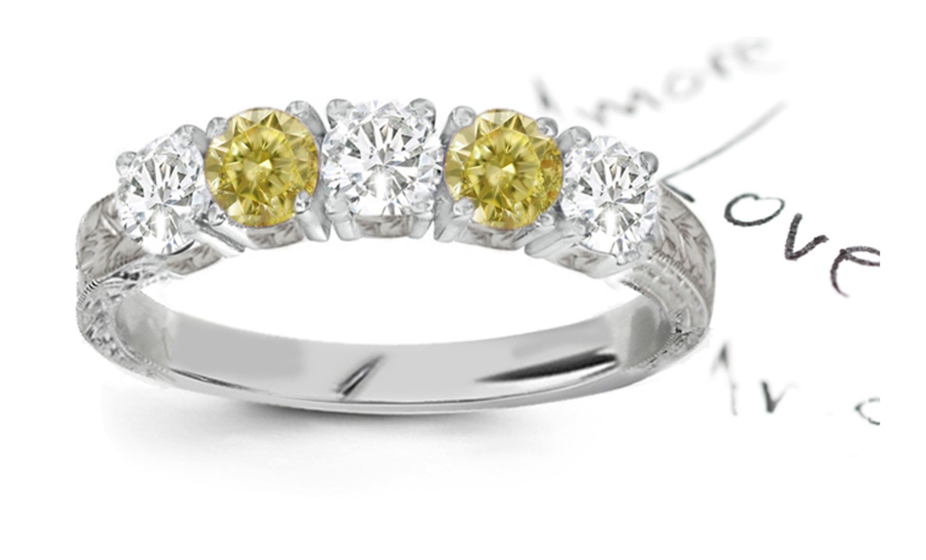 Five Stone Yellow Diamond & White Diamond Fancy Diamond Ringin Platinum & 14k Gold