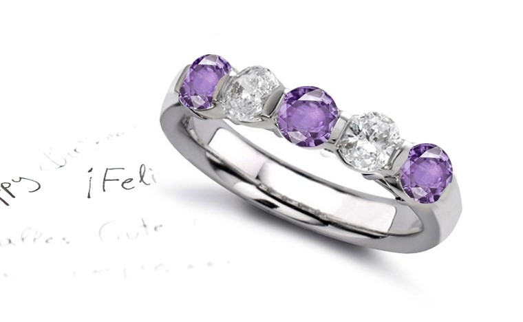 5 Stone Purple Sapphire & Diamond Bar Set Wedding Band in Platinum