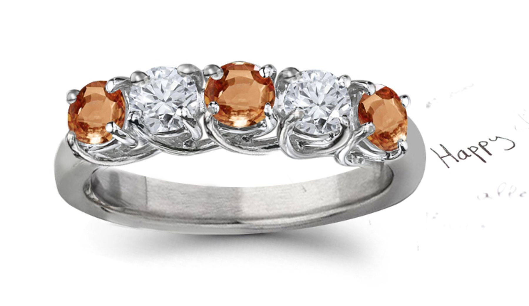 5 Stone Orange Sapphire & Diamond Crossover Ring in Platinum