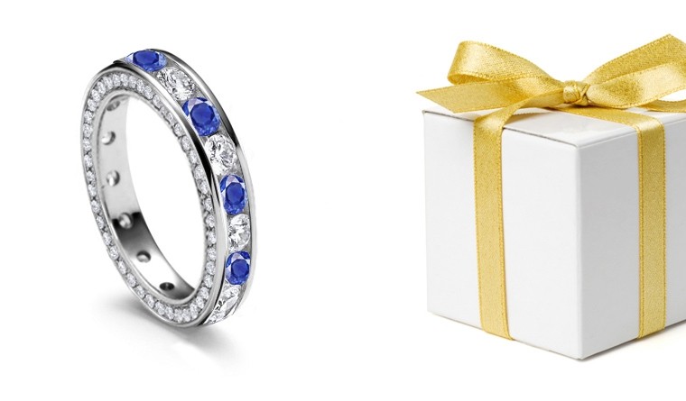 Craftsmanship: Diamond & Sapphire Channel Set Wedding Band with Halo of Side Diamonds