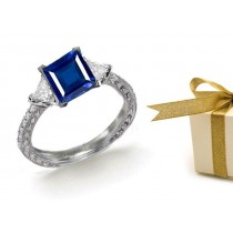 Trillion Diamond & Square Sapphire 3 Stone Ring Emiting A Soft Velvety Light Sheen