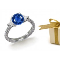 Trillion Diamond & Round Sapphire in Star Lit White Gold 3 Velvety Stone Ladies Ring