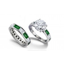 Round Diamond & Baguette Emerald Engagement Ring Wedding Band in Gold