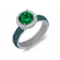 Made To Order Rings With French Pave Halo Brilliant Cut Round Diamonds & Emeralds