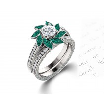 Delicate Micro Pave Halo Vivid Flower Bloom Green Emerald & Diamond Engagement Rings