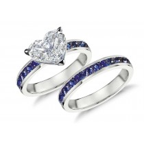 Handcrafted Blue Sapphire & Diamond Engagement Ring & Wedding Anniversary Band Bridal Set
