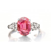 Custom Manufactured Three Stone Pear-Shaped Diamonds & Oval Pink Sapphire Ring
