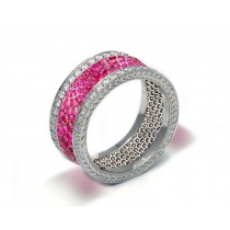 Delicate Women's Eternity Rings Featuring Fiery Red Rubies & Diamonds in Halo Precision Micro pave Settings