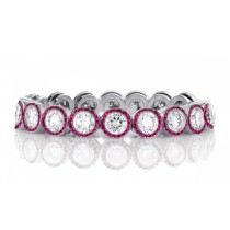 High Quality French pavee Halo Fiery Red Rubies & Brilliant-Cut Round Diamond Fashion Eternity Rings & Bands