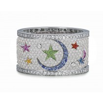 High Quality French pavee Multi-Colored Sapphire & Brilliant-Cut Round Diamond Moon & Stars Eternity Rings & Bands
