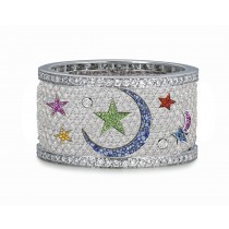 High Quality French pavee Multi-Colored Sapphire & Brilliant-Cut Round Diamond Moon & Stars Eternity Rings & Bands