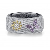 Delicate French pavee Sparkling Brilliant-Cut Round Diamonds & Vivid Multi-Colored Precious Stones Eternity Rings & Bands Featuring Vintage Flowers & Butterflies