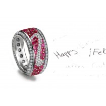 6mm Wide Diamond Open Work Band Micropavee Diamonds Ruby Floral Leaf Motifs All Around in Gold